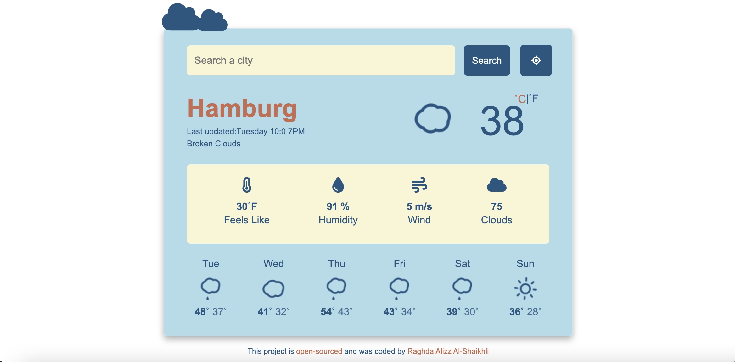 screenshot of the React weather app